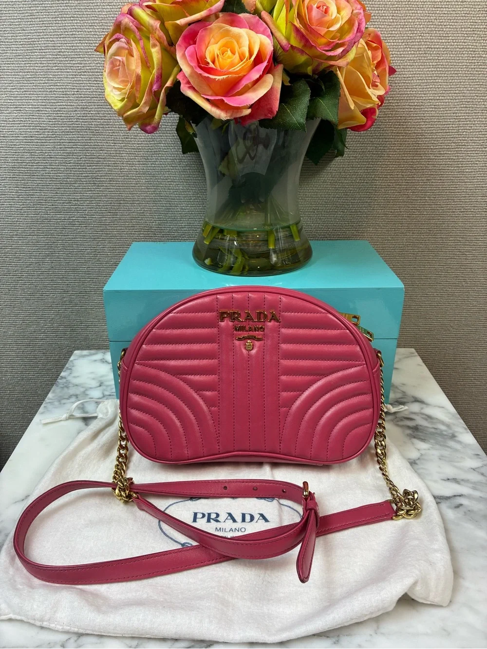 Prada Pink Quilted Diagramme Crossbody Bag - Gold Hardware - Excellent Condition